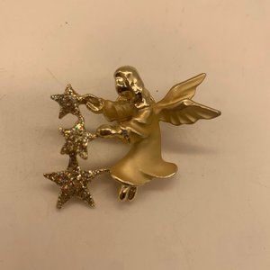 Vintage EUC Giusti Gigio Angel & Stars Glitter Gold Tone Brooch